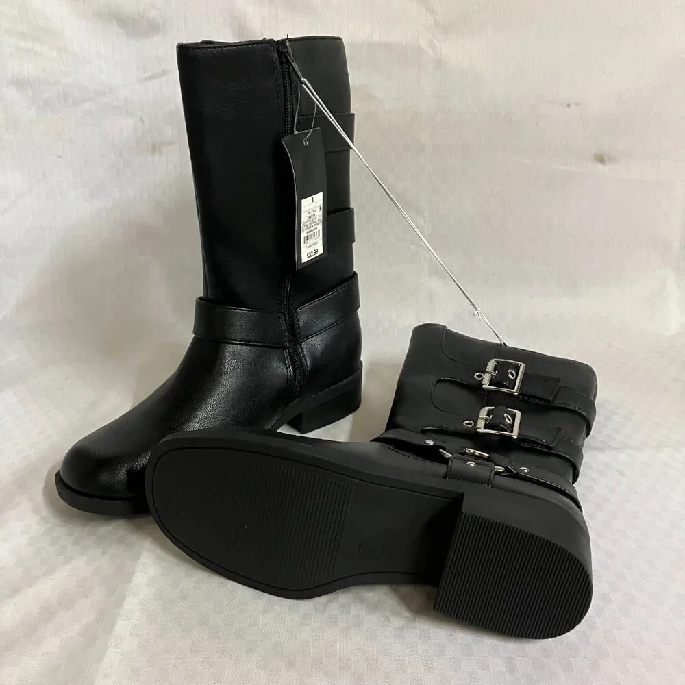Art Class Kids' Girls 4 Black Dee Tall Buckle Boots Faux Leather Side Zipper